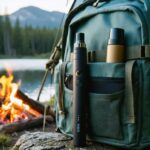 Unbranded matte-black THCa disposable vape pen next to a small waterproof smell-proof case in an open hiking backpack at a lakeside campsite, golden-hour light, with a blurred tent, campfire glow, granite shoreline, and pine forest in the background.