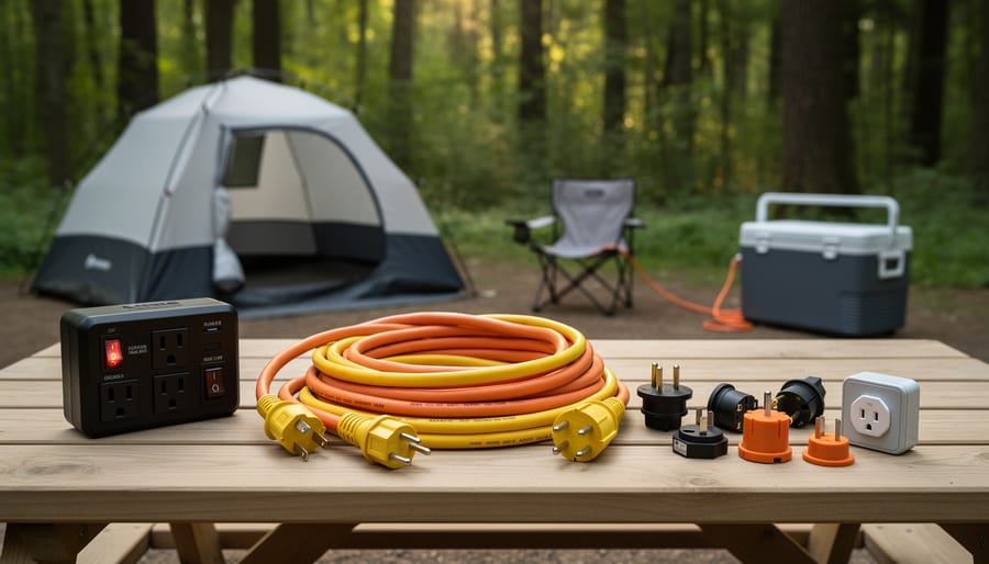 Overhead view of electrical camping equipment including extension cord, surge protector, and adapters on picnic table