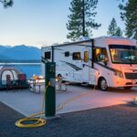 RV and tent at a serviced lakeside campsite with a yellow power cable plugged into a green electrical pedestal, warm interior lights and a small campfire, pine forest and calm lake at dusk with distant mountains.