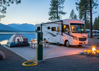 RV and tent at a serviced lakeside campsite with a yellow power cable plugged into a green electrical pedestal, warm interior lights and a small campfire, pine forest and calm lake at dusk with distant mountains.