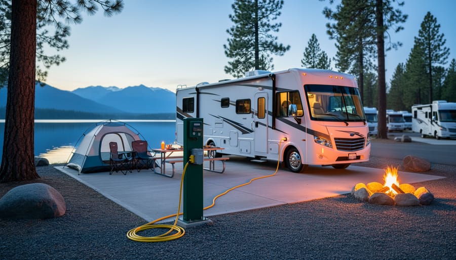 RV and tent at a serviced lakeside campsite with a yellow power cable plugged into a green electrical pedestal, warm interior lights and a small campfire, pine forest and calm lake at dusk with distant mountains.