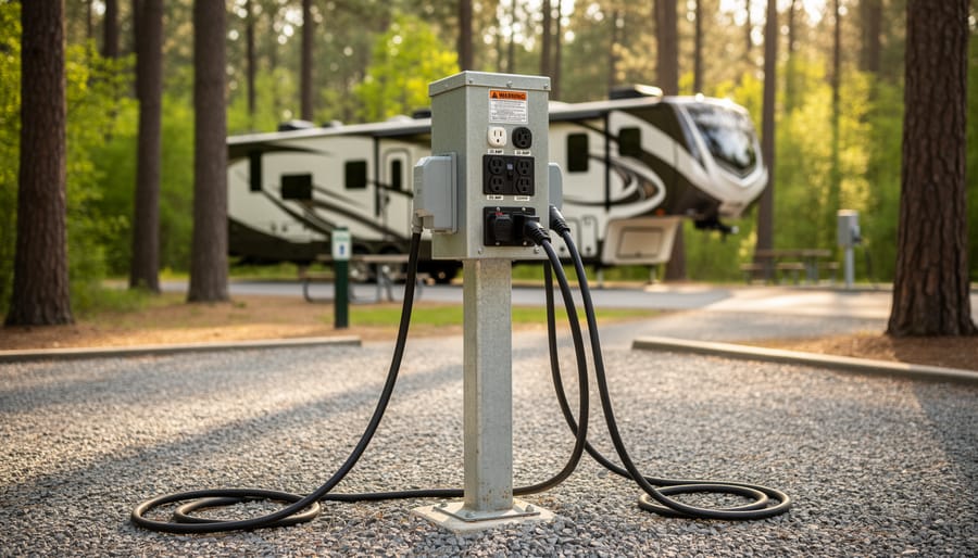 RV electrical hookup pedestal with multiple amp outlets at forested campsite