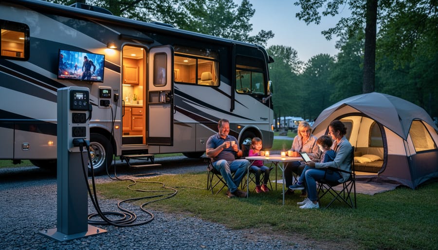 Family enjoying evening inside illuminated RV at campsite with electrical hookup