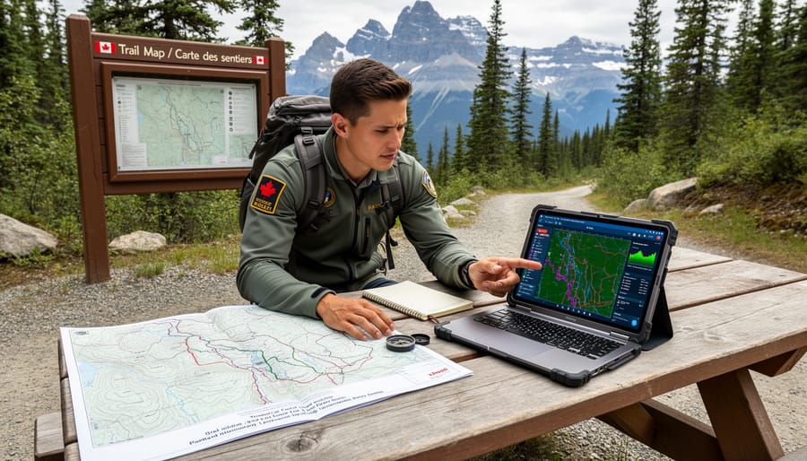 Canadian camper at a forest trailhead holding a smartphone and a paper map side by side