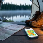 Camper’s camping setup with a paper map and smartphone showing a glowing, text-free campsite overlay near a tent by a Canadian lake and forest.