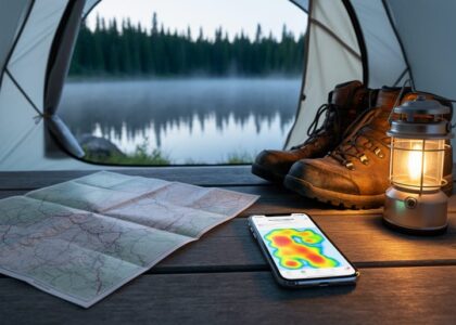 Camper’s camping setup with a paper map and smartphone showing a glowing, text-free campsite overlay near a tent by a Canadian lake and forest.