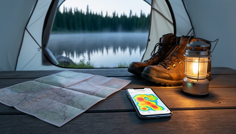 Camper’s camping setup with a paper map and smartphone showing a glowing, text-free campsite overlay near a tent by a Canadian lake and forest.