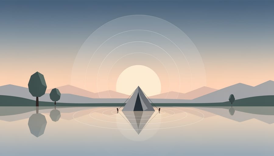 Quiet lakeside campsite at dawn with tent and camping gear near the water under soft morning mist
