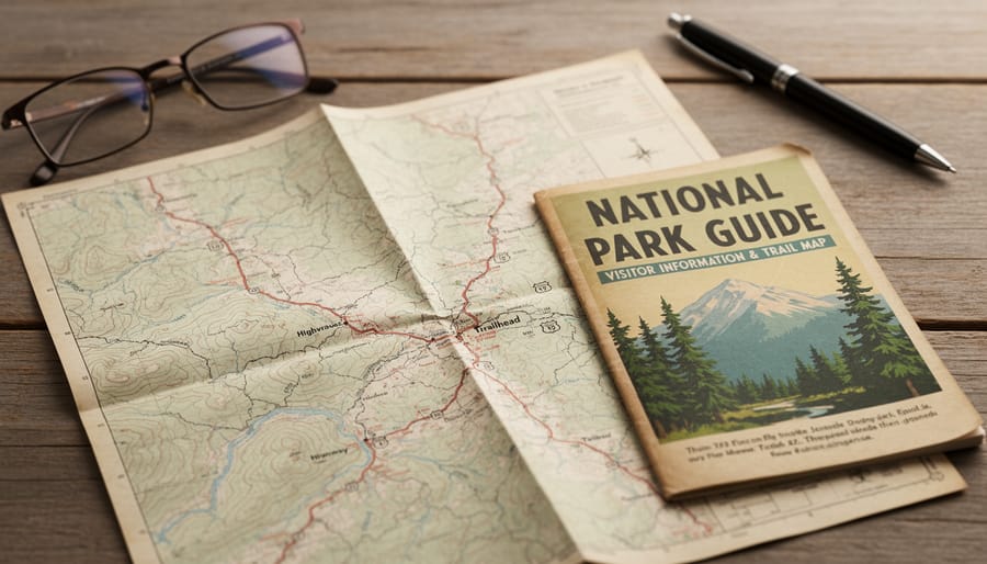 Vintage provincial park brochure and paper campsite map laid on a wooden picnic table with a compass nearby