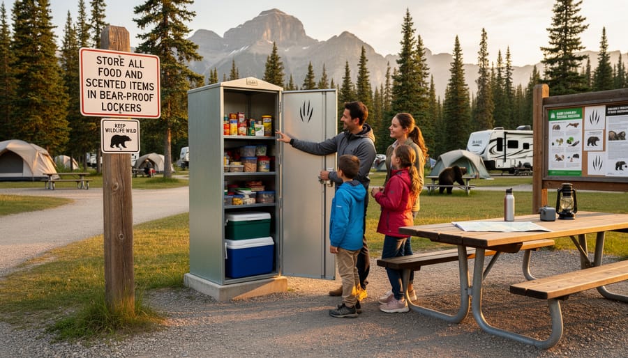 A bear-proof food storage container near a campsite with secured food storage to support wildlife safety.