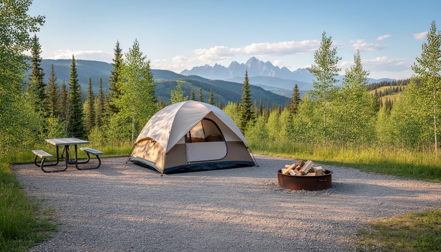 A tent and camping gear beside a lit fire ring at dusk in a forest campground.