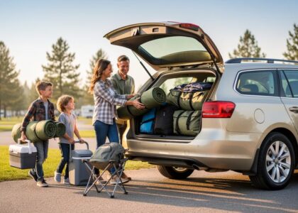 “A family at an Alberta campground parking area loads camping gear into a car, ready for early reservations.”