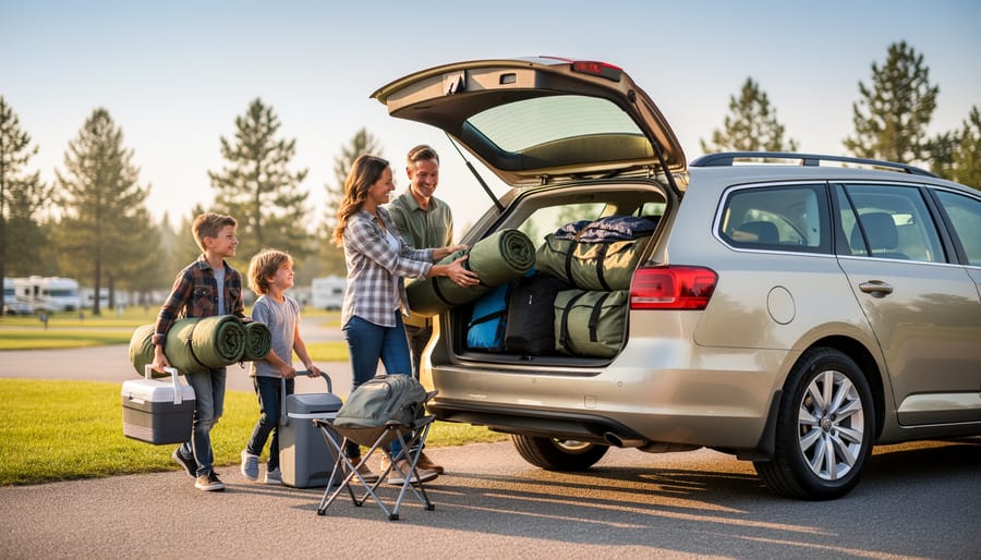 “A family at an Alberta campground parking area loads camping gear into a car, ready for early reservations.”