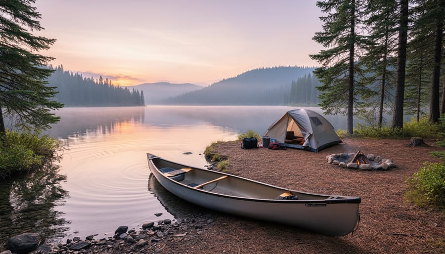 Canoe pulled up on shore beside camping gear at a remote lake
