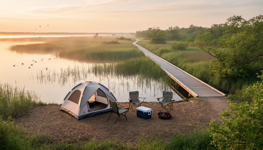 Family camping near a wooden boardwalk with marsh reeds in the background at Point Pelee National Park