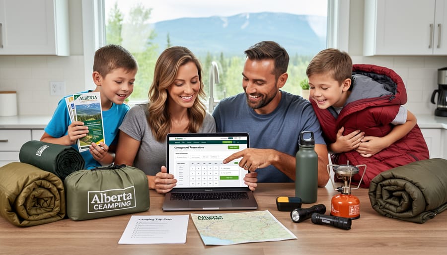 Family loading camping gear into a vehicle near an Alberta park landscape