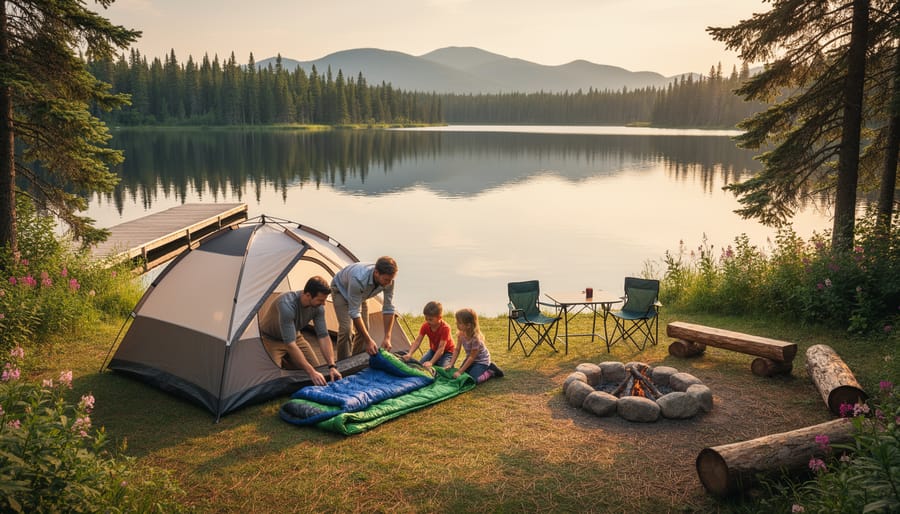 Family setting up a tent beside a Canadian lake at golden hour with a lantern