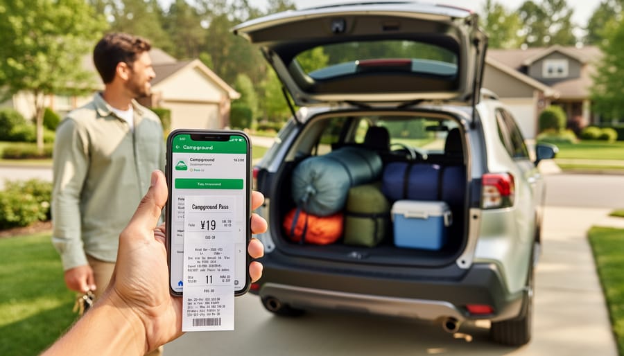 Hands holding a campsite confirmation and pass card above camping supplies in a car trunk.
