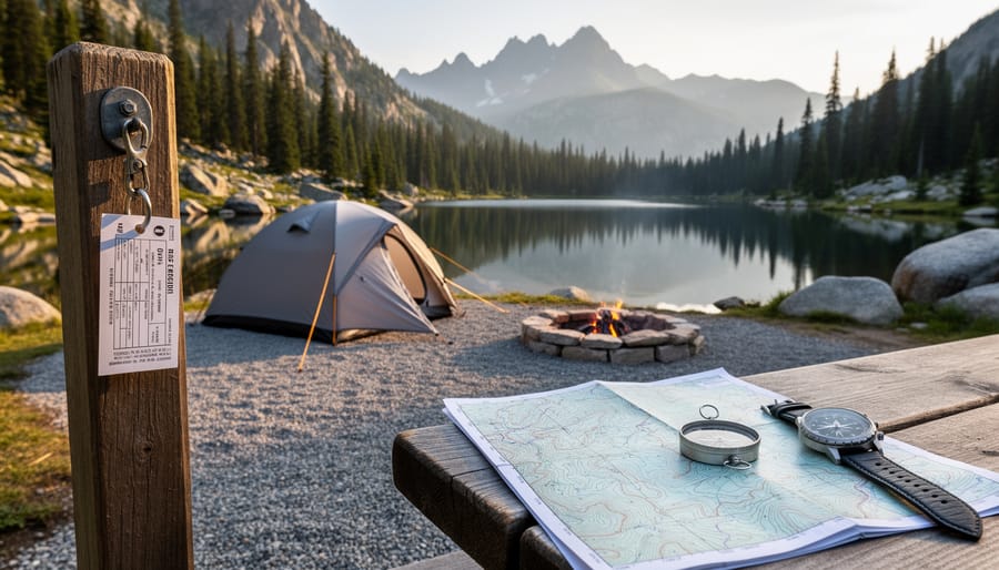 Hikers on a backcountry trail near an Alberta forest lake with camping visible in the distance