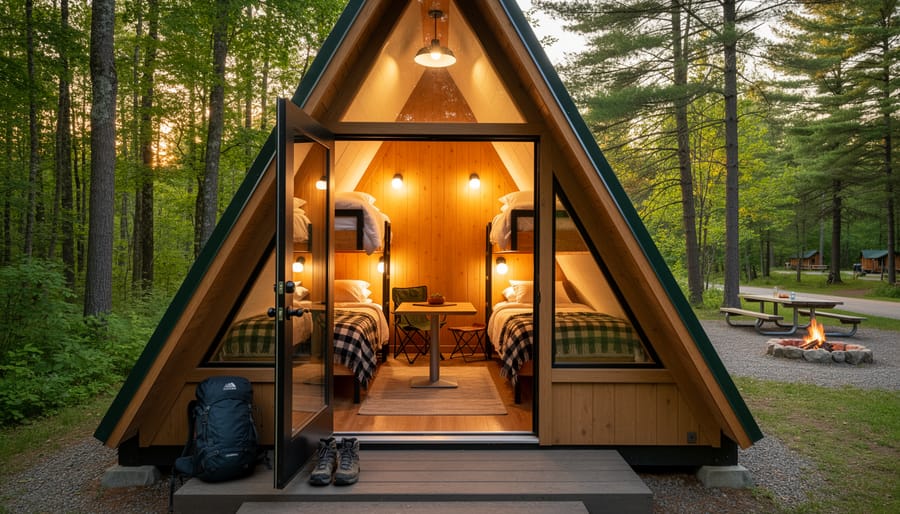oTENTik A-frame cabin at Camp Henry with patio seating in warm golden hour light