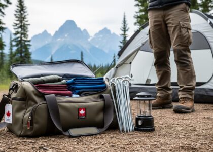 Camper preparing camping gear at a Parks Canada-style campground in Alberta with the tent, lantern, and Rocky Mountains in the background.