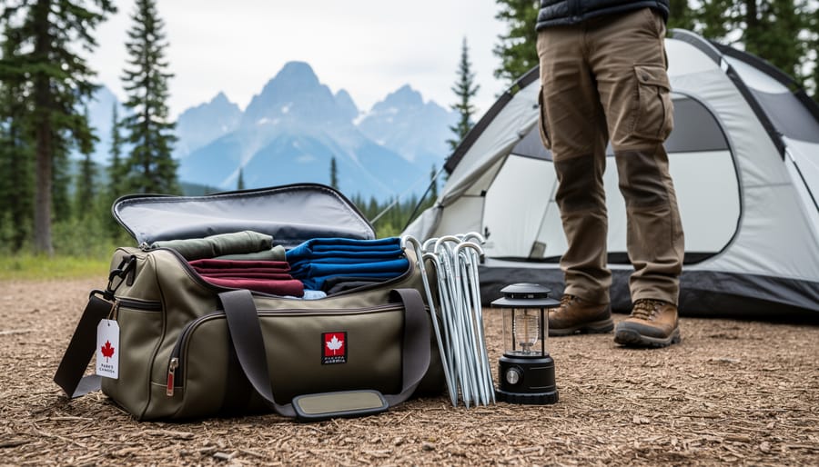 Camper preparing camping gear at a Parks Canada-style campground in Alberta with the tent, lantern, and Rocky Mountains in the background.
