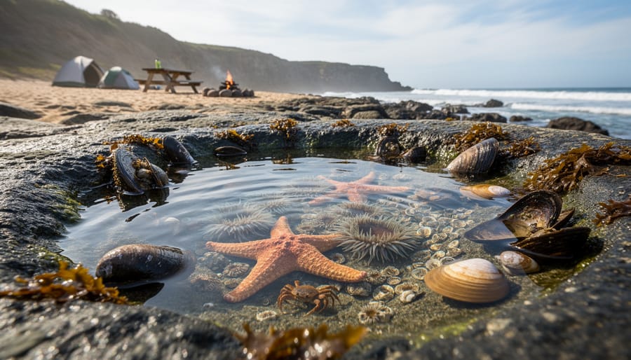 Person crouching by tide pools near a coastal camping tent