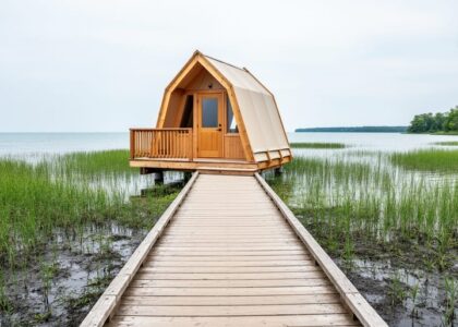 “oTENTik A-frame cabin near a wooden boardwalk through marsh reeds with Lake Erie visible in the background at Point Pelee National Park.”