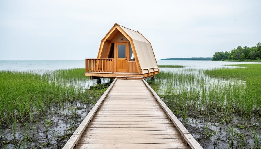 “oTENTik A-frame cabin near a wooden boardwalk through marsh reeds with Lake Erie visible in the background at Point Pelee National Park.”