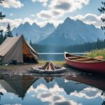 Summer camping scene in Canada with a tent by a lake, a canoe on the shore, pine trees, and distant mountains under a bright sky.