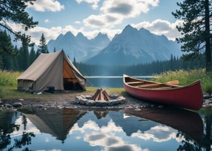Summer camping scene in Canada with a tent by a lake, a canoe on the shore, pine trees, and distant mountains under a bright sky.