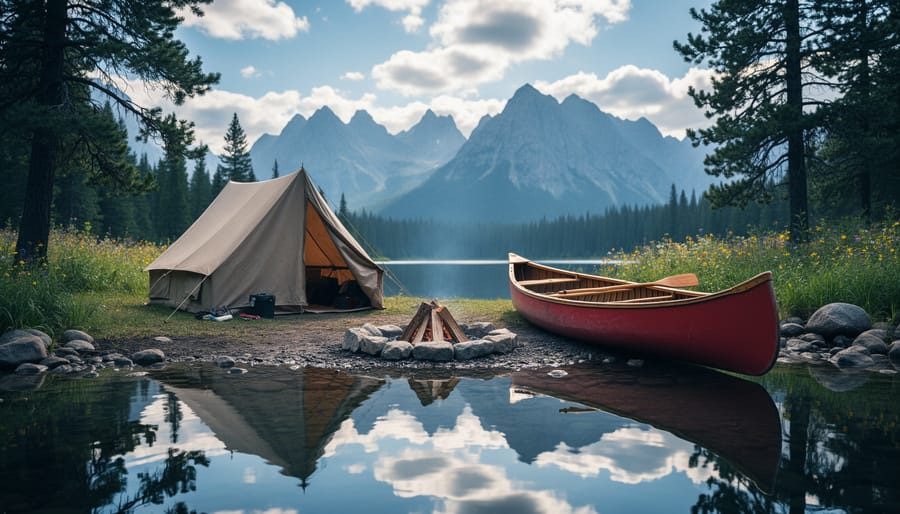 Summer camping scene in Canada with a tent by a lake, a canoe on the shore, pine trees, and distant mountains under a bright sky.