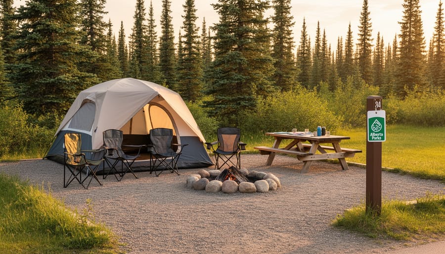 Tent and lantern at an Alberta park campsite during golden hour