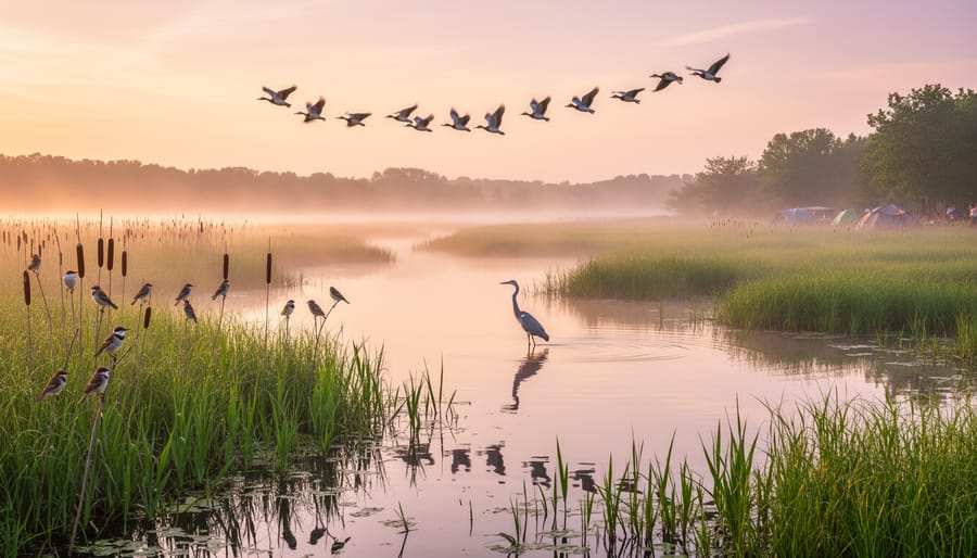 Wading birds among reeds and shallow water in the Point Pelee marsh at sunrise
