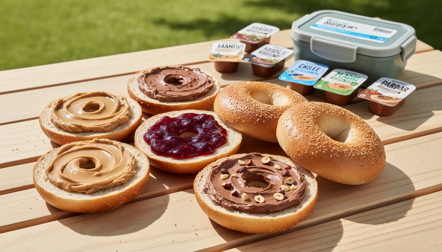 Whole grain bagels with nut butter and jam prepared on a picnic table