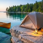 A tent pitched at a rugged campsite on Bruce Peninsula with a glowing lantern and turquoise Georgian Bay water in the background.