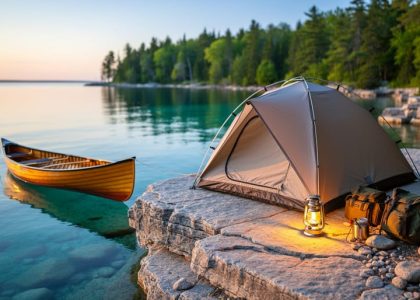 A tent pitched at a rugged campsite on Bruce Peninsula with a glowing lantern and turquoise Georgian Bay water in the background.