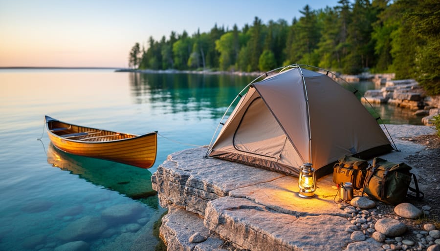 A tent pitched at a rugged campsite on Bruce Peninsula with a glowing lantern and turquoise Georgian Bay water in the background.