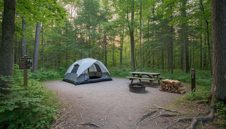 Tent and camping gear in a forest campsite at Bruce Peninsula National Park with trees and morning mist.