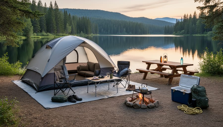 Tent and tent trailer setup at a wooded campground near a lakeside with a lantern and picnic table in twilight lighting