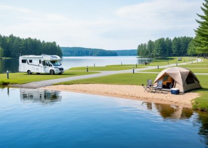 Lakeside campground scene at Camping Domaine du Lac Libby in Quebec’s Eastern Townships, with a tent and RV near the shore and calm blue water in the background.