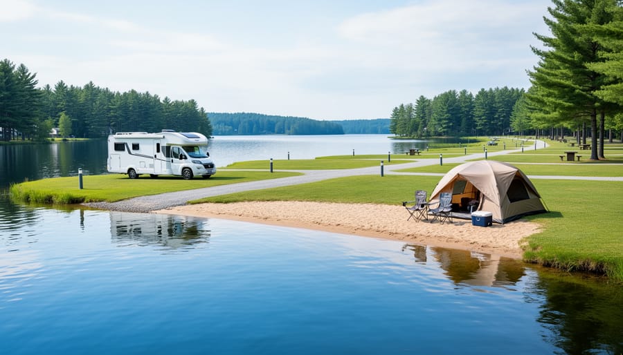 Lakeside campground scene at Camping Domaine du Lac Libby in Quebec’s Eastern Townships, with a tent and RV near the shore and calm blue water in the background.