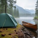 A tent at a forest campsite beside a creek with pine trees and misty mountains in the distance, evoking Canada’s summer national park camping season.