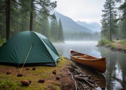 A tent at a forest campsite beside a creek with pine trees and misty mountains in the distance, evoking Canada’s summer national park camping season.