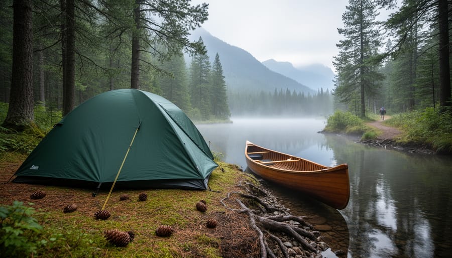 A tent at a forest campsite beside a creek with pine trees and misty mountains in the distance, evoking Canada’s summer national park camping season.