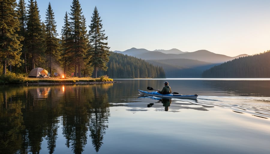 Canoe floating on calm lake water near the campground waterfront with forest shoreline in the distance