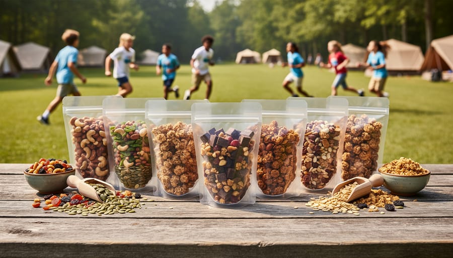 Assorted trail mix ingredients packed into small snack containers on a picnic surface
