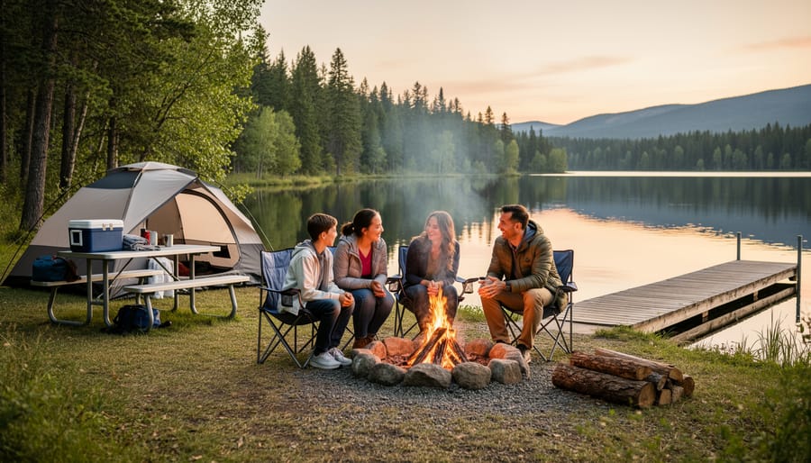 Family relaxing on folding chairs at a lakeside campsite near Lac Libby with a forested shoreline in the background