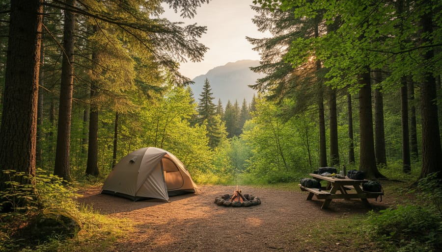 Tent pitched at a wooded campground at twilight with a lantern and camp table in the foreground.