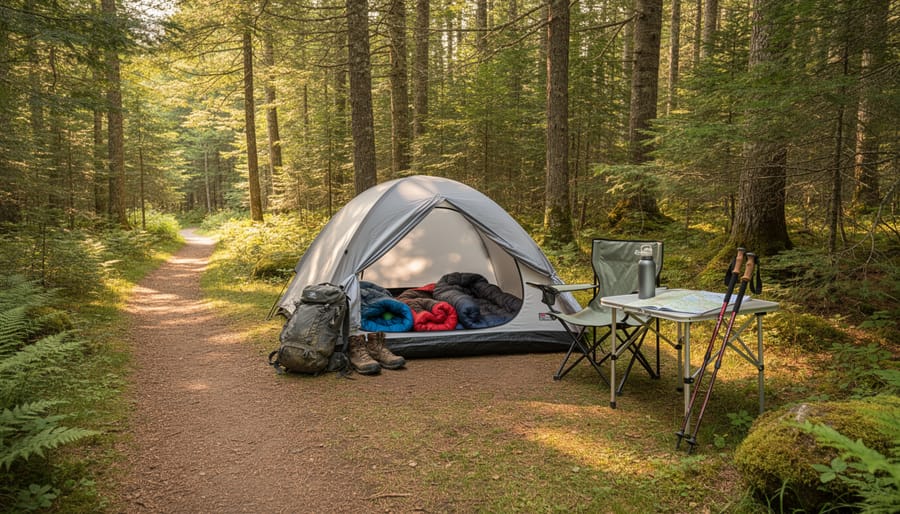 People setting up camping gear at a forest campground in Fundy National Park